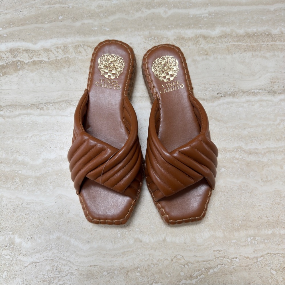 Vince Camuto Sandals Melysa Caramel Brown Cross Slide Espadrille Wedge Size 6.5